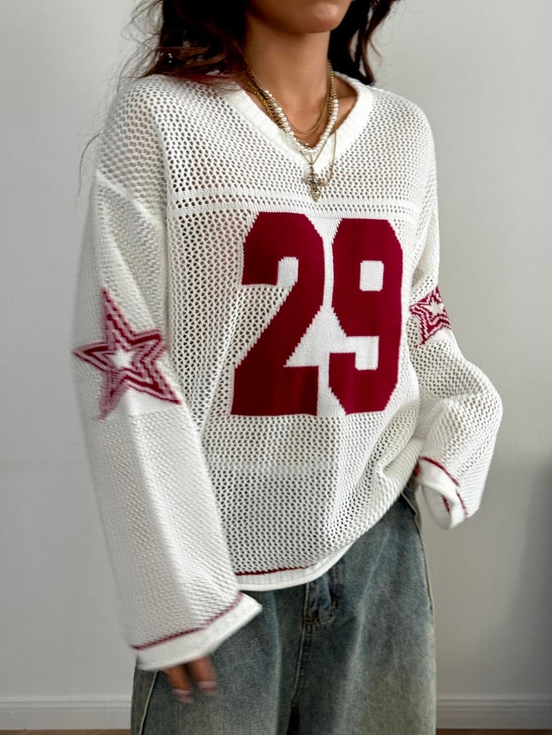Verdusa Women's Y2k Tops Jersey Shirts Oversized Crochet Graphic Going Out Tops V Neck Pullover Sweater Streetwear Hollow White Large - Image 4