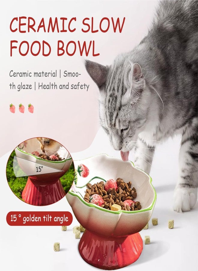 FALESHOS Ceramic Strawberry Elevated Cat Bowls, Tilted Raised Pet Dish for Anti Vomit, Spine Protection, Whisker Friendly - Excellent Raised Food and Water Bowl for Indoor Cats, Flat-Faced Cats, Dishwasher Saf - Image 4
