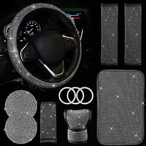JINGSEN 11 Pcs Car Decoration Set,Bling Car Decoration Set for Women,Universal Fit 15 Inch,Rhinestone Center ConsoleCover(White) - Image 1