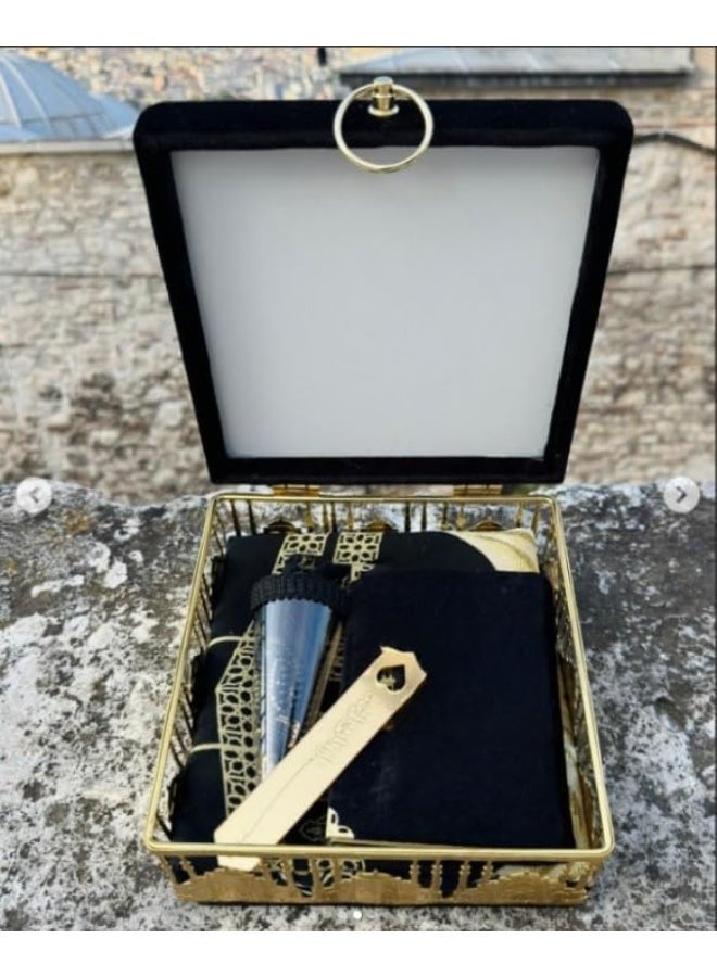 ريبنيو مجموعة هدايا قرآنية أنيقة مع صندوق مخملي، مصحف، تسبيح وسجادة صلاة - هدية إسلامية لرمضان، صندوق مقاس 20-28 سم، عيد، أو زفاف - أسود. - Image 2