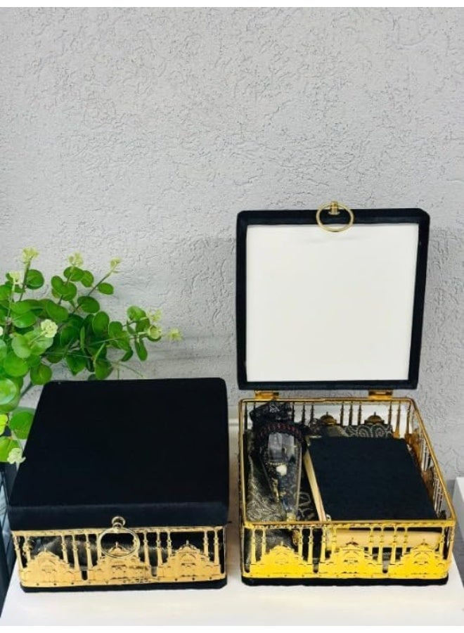 ريبنيو مجموعة هدايا قرآنية أنيقة مع صندوق مخملي، مصحف، تسبيح وسجادة صلاة - هدية إسلامية لرمضان، صندوق مقاس 20-28 سم، عيد، أو زفاف - أسود. - Image 1