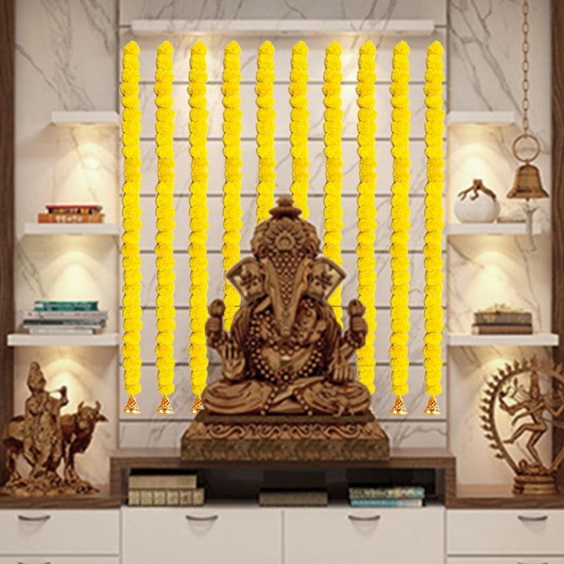 pop colours pop colours Artificial Marigold Flower Garlands | Temple, Pooja Room Toran Genda Phool | Door Decoration | 5 Feet with Bells | Golden Hanging Bells for Home Decor | 10 Pcs (Yellow) - Image 3