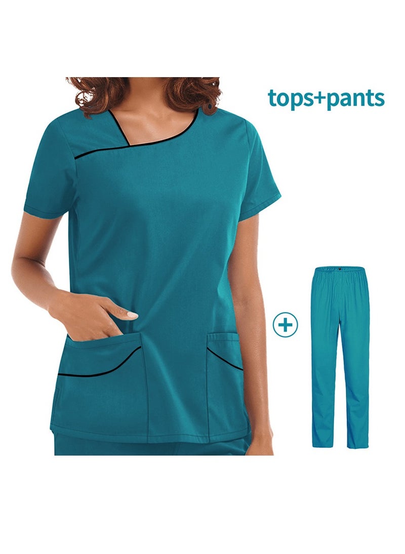 Loquat Womens Medical Uniform Scrubs 2 Piece Set Top and Elastic Waist Pants Suit Lake Blue - Image 1