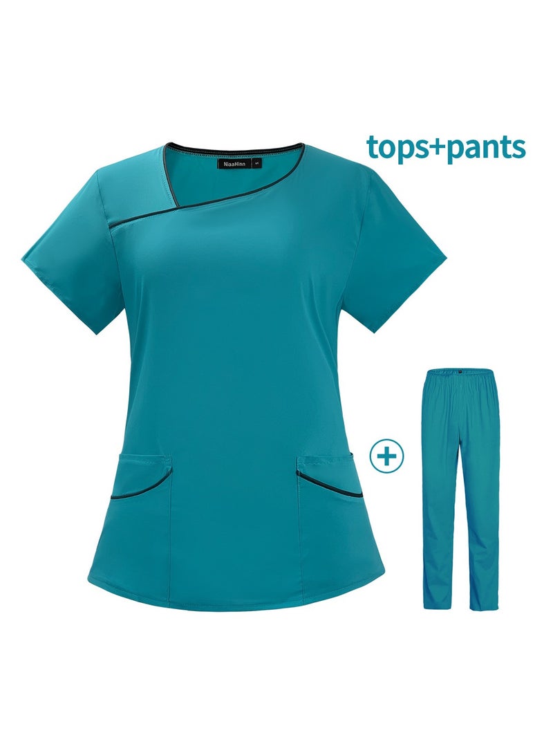 Loquat Womens Medical Uniform Scrubs 2 Piece Set Top and Elastic Waist Pants Suit Lake Blue - Image 2