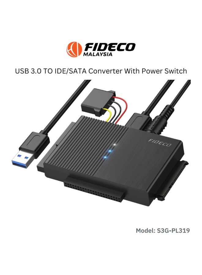 FIDECO USB 3.0 to IDE/SATA Hard Drive Adapter S3G-PL319, SATA & IDE HDD SSD Converter with Power Switch, Supports up to 16TB - Image 1