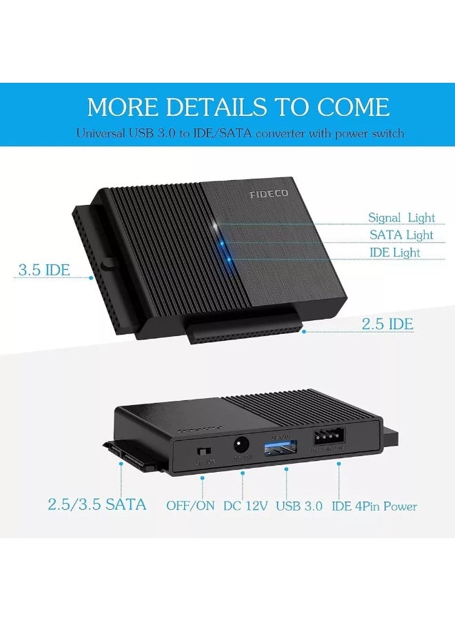 FIDECO USB 3.0 to IDE/SATA Hard Drive Adapter S3G-PL319, SATA & IDE HDD SSD Converter with Power Switch, Supports up to 16TB - Image 4