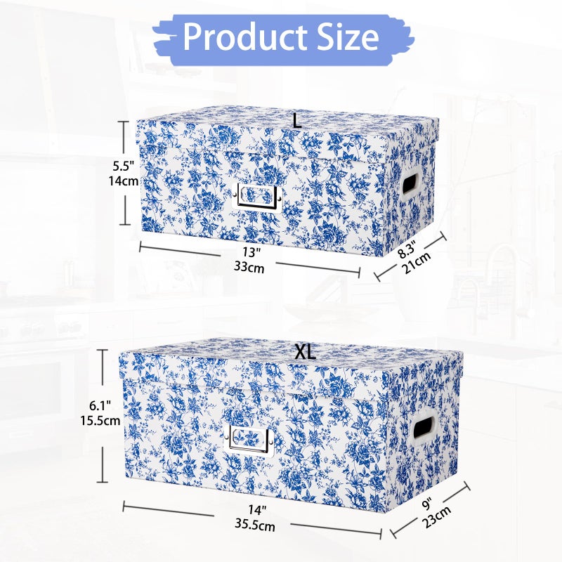 Briful Set of 2 Blue and White Porcelain-Style Storage Boxes with Lids â€“ Elegant Floral Nesting Organizer Bins, 14'' + 13'' Set Decorative Cardboard Gift Boxes for Home or Office Use - Image 2