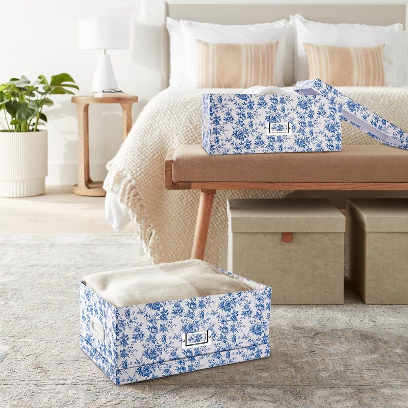 Briful Set of 2 Blue and White Porcelain-Style Storage Boxes with Lids â€“ Elegant Floral Nesting Organizer Bins, 14'' + 13'' Set Decorative Cardboard Gift Boxes for Home or Office Use - Image 4