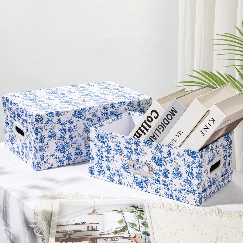 Briful Set of 2 Blue and White Porcelain-Style Storage Boxes with Lids â€“ Elegant Floral Nesting Organizer Bins, 14'' + 13'' Set Decorative Cardboard Gift Boxes for Home or Office Use - Image 3