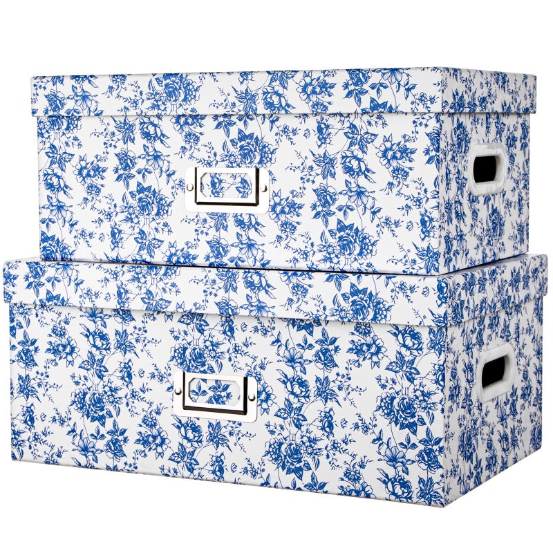 Briful Set of 2 Blue and White Porcelain-Style Storage Boxes with Lids â€“ Elegant Floral Nesting Organizer Bins, 14'' + 13'' Set Decorative Cardboard Gift Boxes for Home or Office Use - Image 1