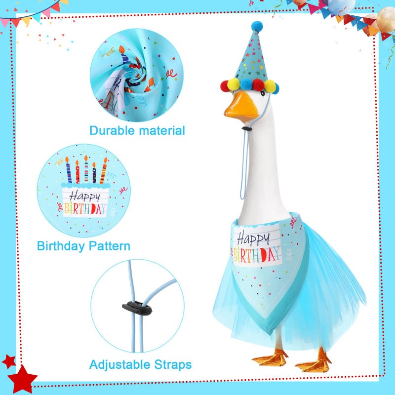 Hoemwarm Birthday Porch Goose Outfits with Birthday Hat Bandana and Tutu Skirt Yard Lawn Goose Statue Clothes for 23" 17" Cement Plastic Goose Duck Decor, Blue - Image 3