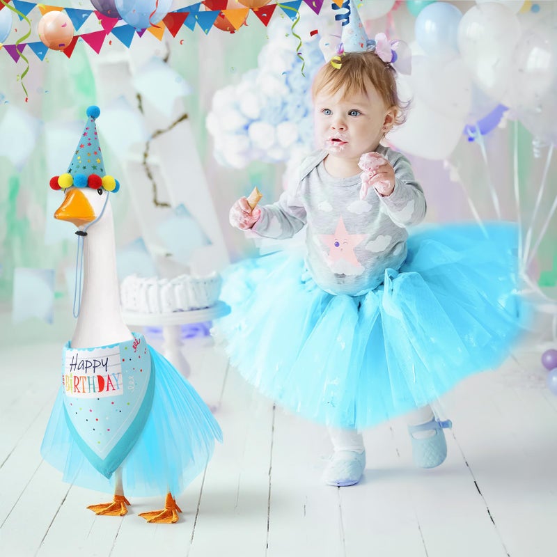 Hoemwarm Birthday Porch Goose Outfits with Birthday Hat Bandana and Tutu Skirt Yard Lawn Goose Statue Clothes for 23" 17" Cement Plastic Goose Duck Decor, Blue - Image 4