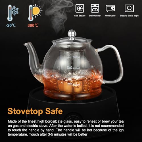 MINO ANT Glass Teapot, 33oz / 1000ml Teapot with Removable Infuser, Clear Tea Pot for Loose Leaf Tea and Blooming Tea, Stovetop Safe Glass Tea Kettle with Scale Line and Tea Brewer Guide - Image 3