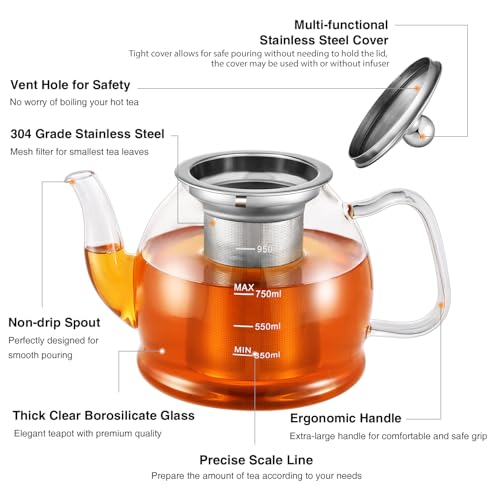 MINO ANT Glass Teapot, 33oz / 1000ml Teapot with Removable Infuser, Clear Tea Pot for Loose Leaf Tea and Blooming Tea, Stovetop Safe Glass Tea Kettle with Scale Line and Tea Brewer Guide - Image 2