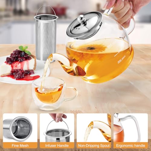 MINO ANT Glass Teapot, 33oz / 1000ml Teapot with Removable Infuser, Clear Tea Pot for Loose Leaf Tea and Blooming Tea, Stovetop Safe Glass Tea Kettle with Scale Line and Tea Brewer Guide - Image 5