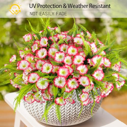 HIAGROW Artificial Flowers for Outdoors 12 Bundles UV Resistant Pink Artificial Petunias Fake Flowers Shrubs Plants with Fern for Indoor Outside Hanging Planters Home Garden Spring Summer Decorations - Image 3
