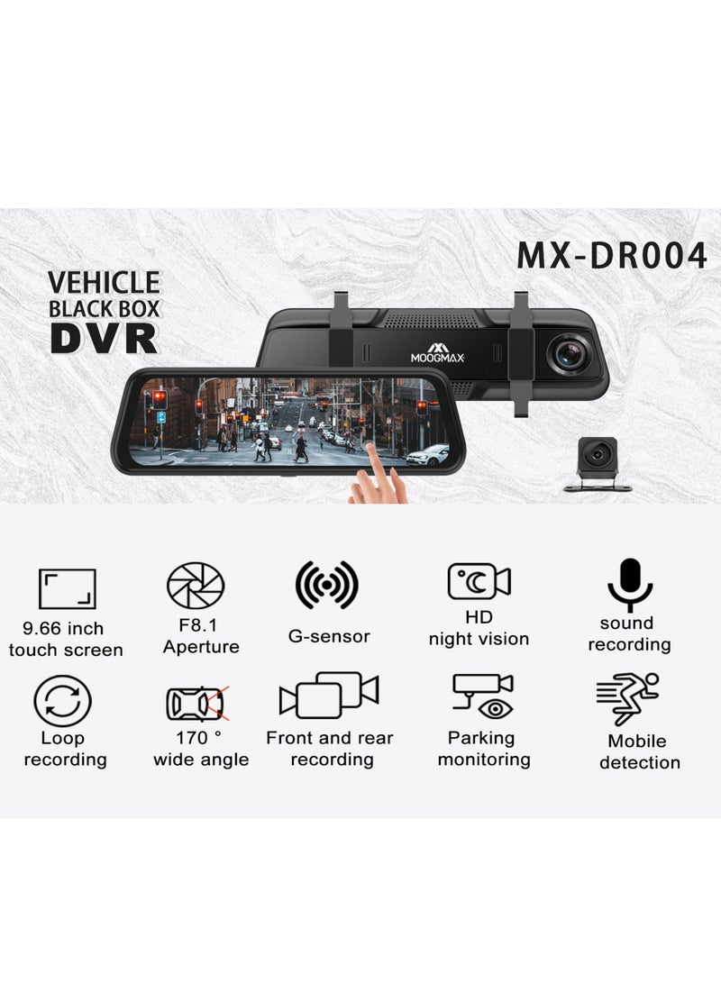 Dash cam, camera record front and back with1080MP with wide-angle from the front 170-degree angle and from the back with a 140-degree angle supports microphone,night vision, G-sensor and 64GB maximum