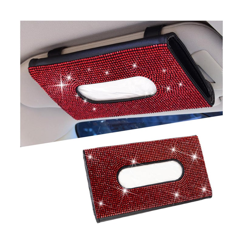 Sandfren Bling Car Tissue Holder for Sun Visor Crystal Rhinestone Leather Vehicle Paper Towel Case Glitter Diamond Auto Napkin Clip Accessories for Women Universal for SUV RV Truck RedBlack - Image 3