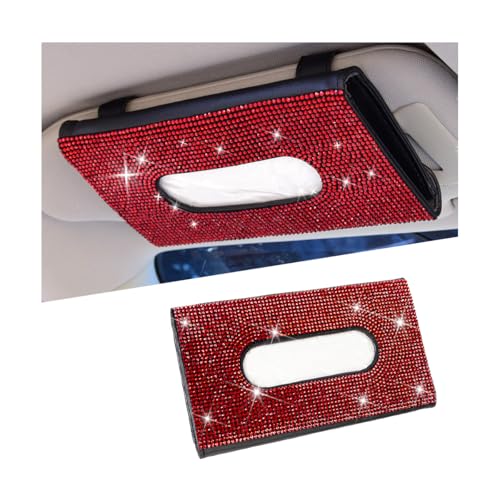 Sandfren Bling Car Tissue Holder for Sun Visor Crystal Rhinestone Leather Vehicle Paper Towel Case Glitter Diamond Auto Napkin Clip Accessories for Women Universal for SUV RV Truck RedBlack - Image 1