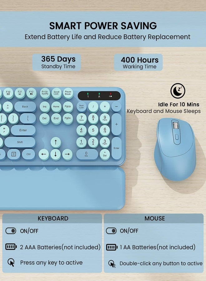 Trueque Wireless Keyboard and Mouse Combo - Cute Typewriter Keyboard with Detachable Wrist Rest, Retro Round Keycaps, Foldable Legs, 2.4GHz Full-Size for PC, Laptop, Windows - Trueque (Glacier Blue) - Image 5