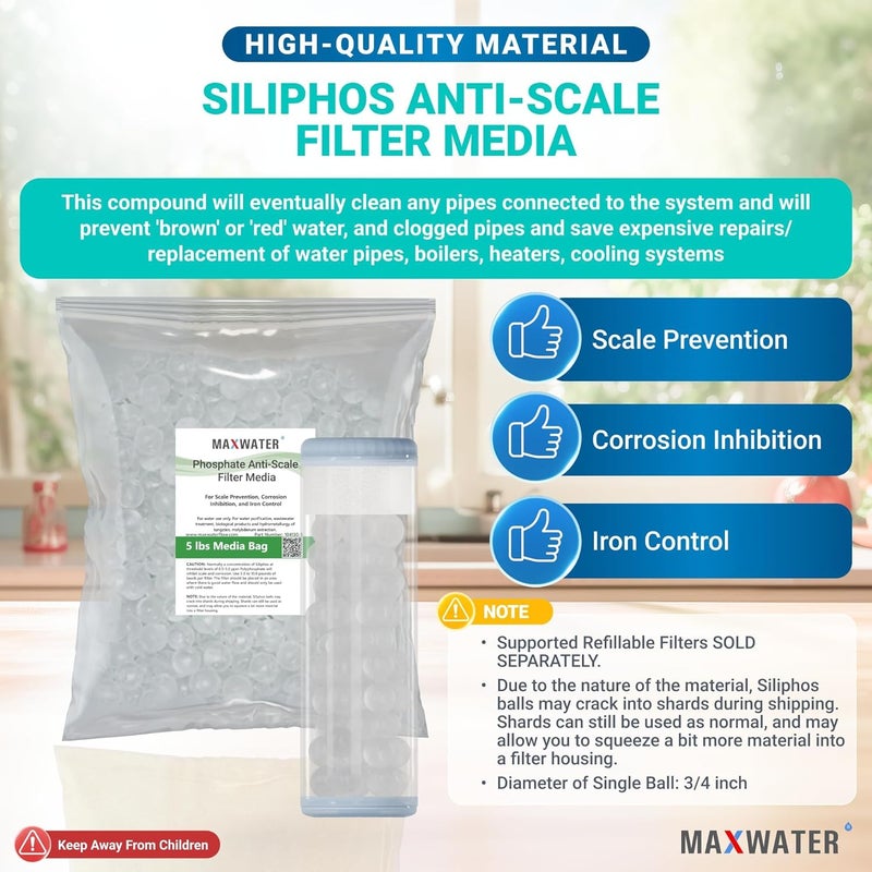 Max Water Siliphos Anti-Scale Filter Media Bag variation (5 LB) compatible with Refillable Phosphate Anti-Scale Water Filters - Good for Scale Prevention, Corrosion Inhibition and Iron Control - Image 3