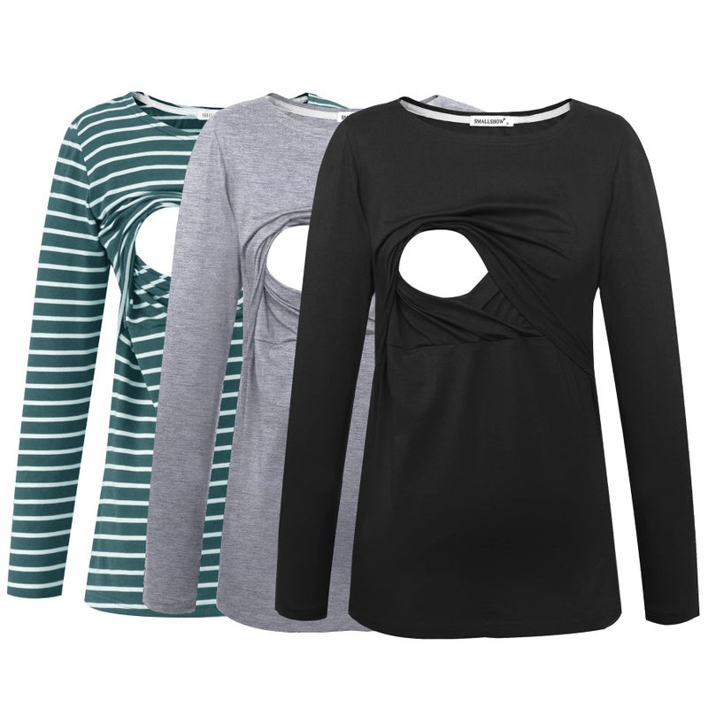 Smallshow Womens Maternity Nursing Tops Comfy Long Sleeve Breastfeeding TShirt Large BlackLight GreyDeep Green Stripe