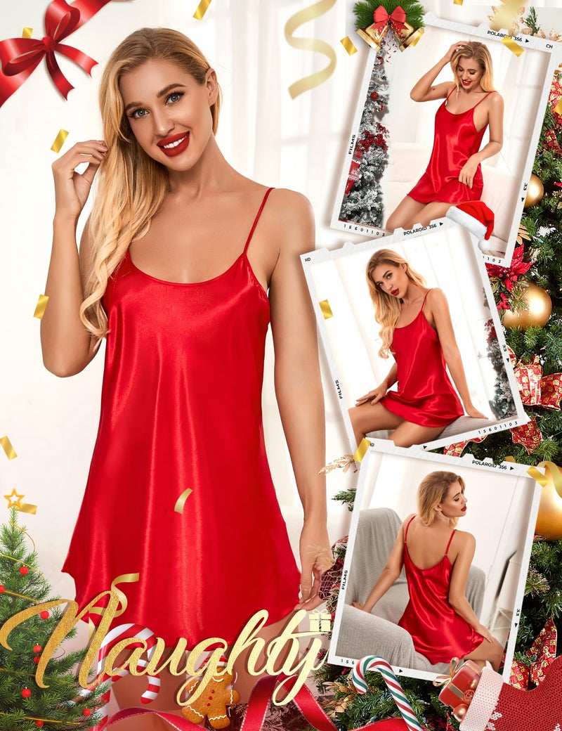 RSLOVE Short Satin Nightgown Women's Sexy Lingerie Adjustable Straps Silk Night Dress, 1 red, S - Image 5