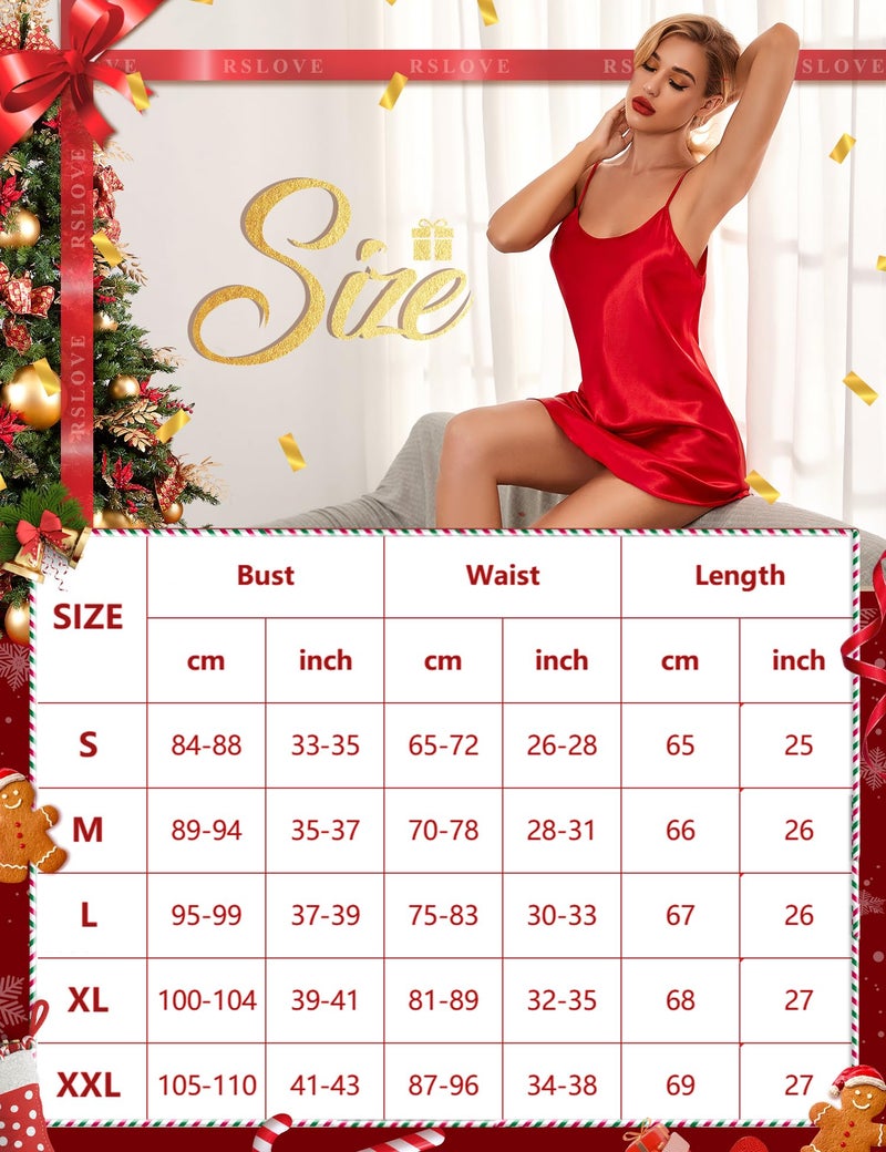 RSLOVE Short Satin Nightgown Women's Sexy Lingerie Adjustable Straps Silk Night Dress, 1 red, S - Image 4