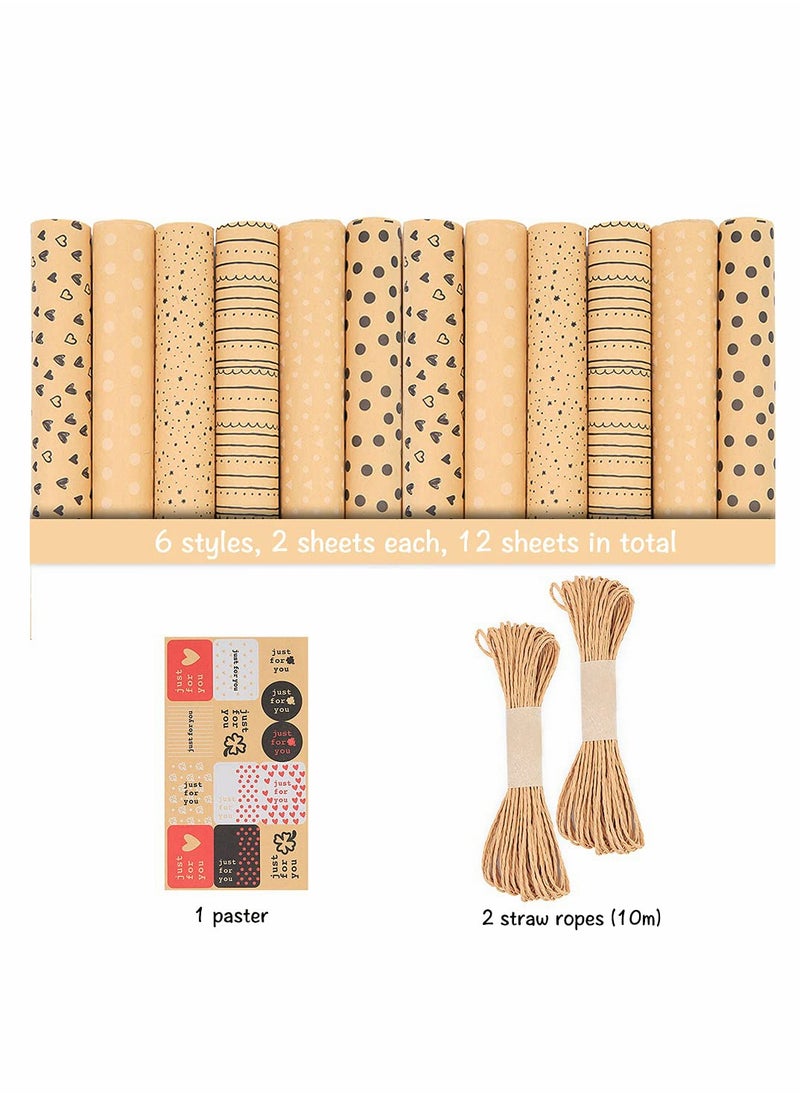 SYOSI - Birthday Wrapping Paper, Kraft Brown Recycled Gift 20x28 inch, 12 Sheets Dot Stripe Heart with String Sticker Tag for Women Men Girl Boy, with Jute Strings, Stickers and Tags - Image 1