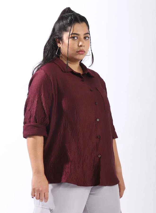HIGH STAR Women's Wine 100% Polyester Solid Pattern Plus Size Button Down Boxy Shirt