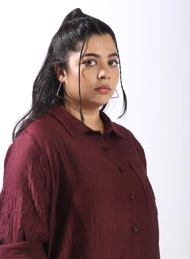 HIGH STAR Women's Wine 100% Polyester Solid Pattern Plus Size Button Down Boxy Shirt