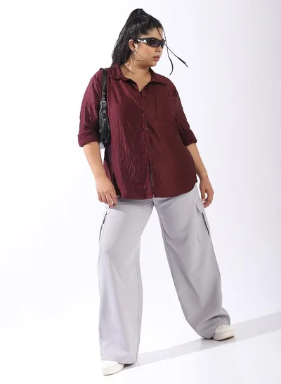 هاي ستار قميص نسائي بأزرار مقاس كبير بلون خمري من البوليستر