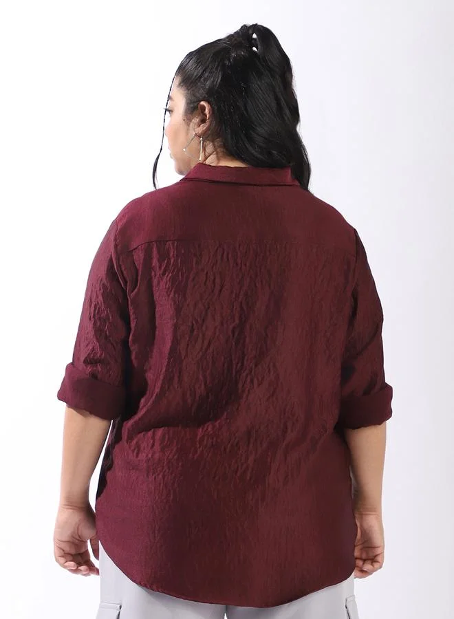HIGH STAR Women's Wine 100% Polyester Solid Pattern Plus Size Button Down Boxy Shirt