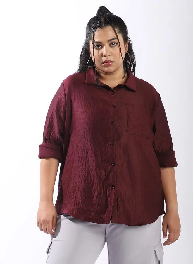 HIGH STAR Women's Wine 100% Polyester Solid Pattern Plus Size Button Down Boxy Shirt
