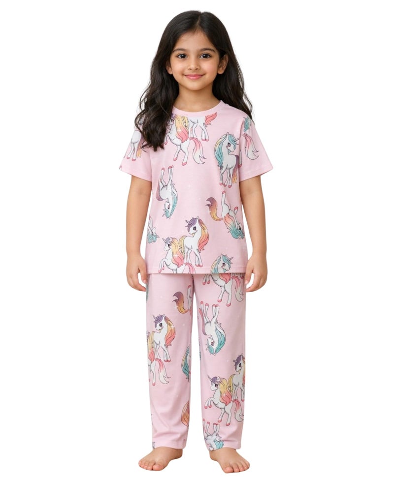 ANTHRILO Summer Unicorn Star Short Sleeve Pyjama Set - Pink - Image 1