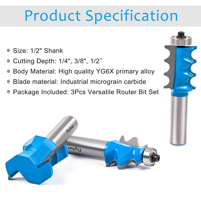 Flytuo 3PCS Architectural Molding Router Bit Set, 1/2" Shank, Corner Rounding & Edge-Forming for Woodworking Milling - Image 5
