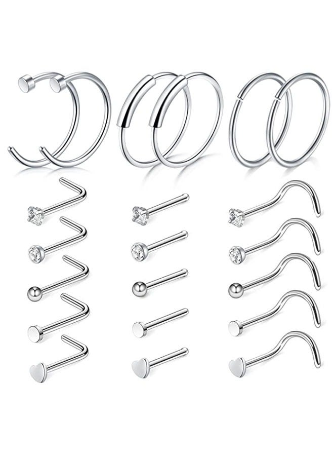 HAWAWA 21PCS Nose Rings Hoop for Women and Men Surgical Steel Hypoallergenic L Shaped Nose Studs 8mm Hoop Nose Piercings Jewelry Silver - Image 1