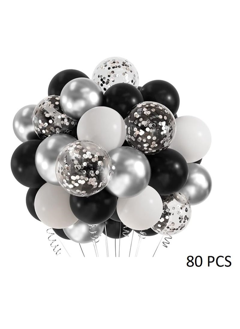 Boxwoods - 80 PCS Of White Black Metallic Silver Confetti And Chrome Balloons For Birthday Anniversary And Graduation Party Decoration - Image 1