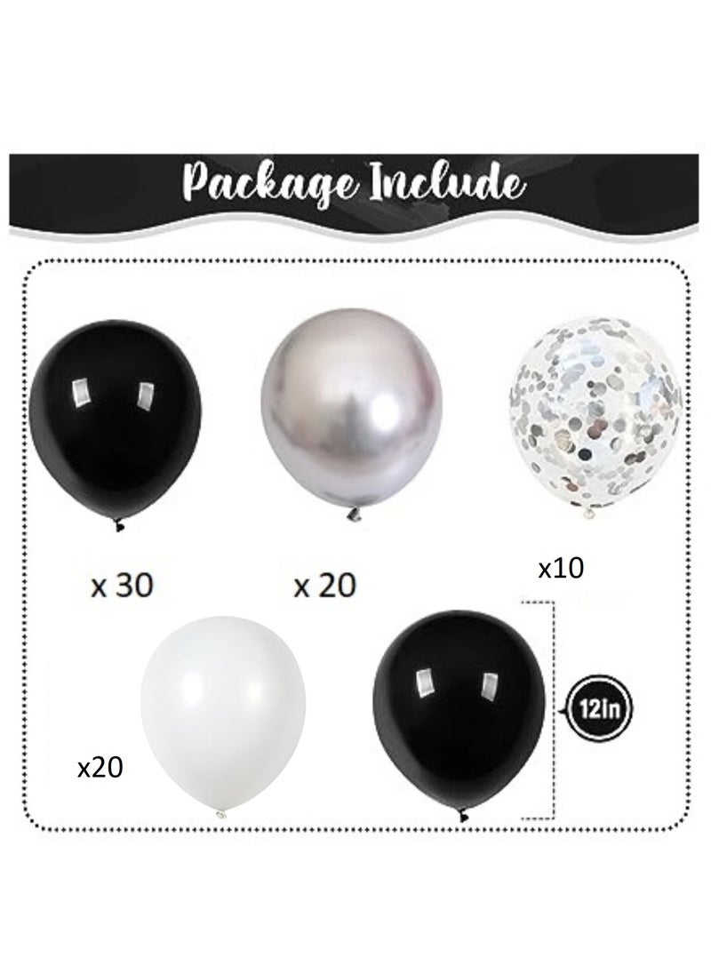 Boxwoods - 80 PCS Of White Black Metallic Silver Confetti And Chrome Balloons For Birthday Anniversary And Graduation Party Decoration - Image 1