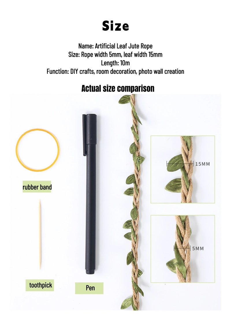 حبل من الجوت بأوراق صناعية بطول 10 أمتار - خيوط كرمة خضراء مزخرفة للأعمال اليدوية، وتزيين الغرف، وجدران الصور، وتغليف الهدايا - Image 2