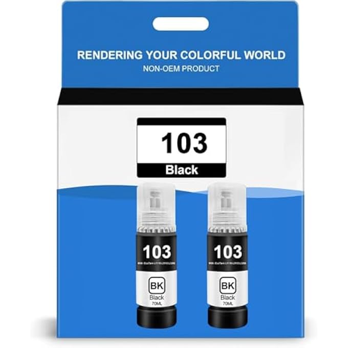 103 INK BOTTLE BLACK 103 INK REPLACEMENT FOR ECOTANK L1110 L3110 L3111 L3150 L3151 L3156 L3160 L5190 PRINTER (2 BLACK) - Image 1
