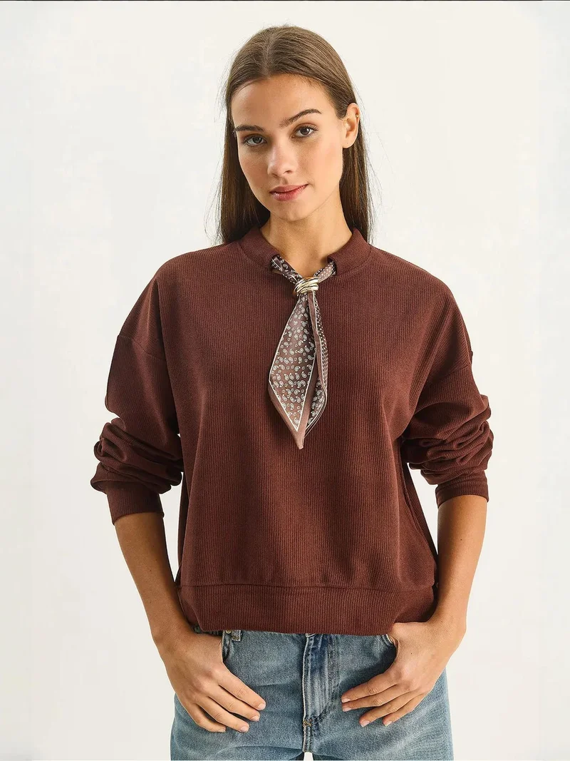Bianco Lucci Dark Mocha Brown Crew Neck Ribbed Sweatshirt with Scarf Accessory Detail for Women | Best Price UAE