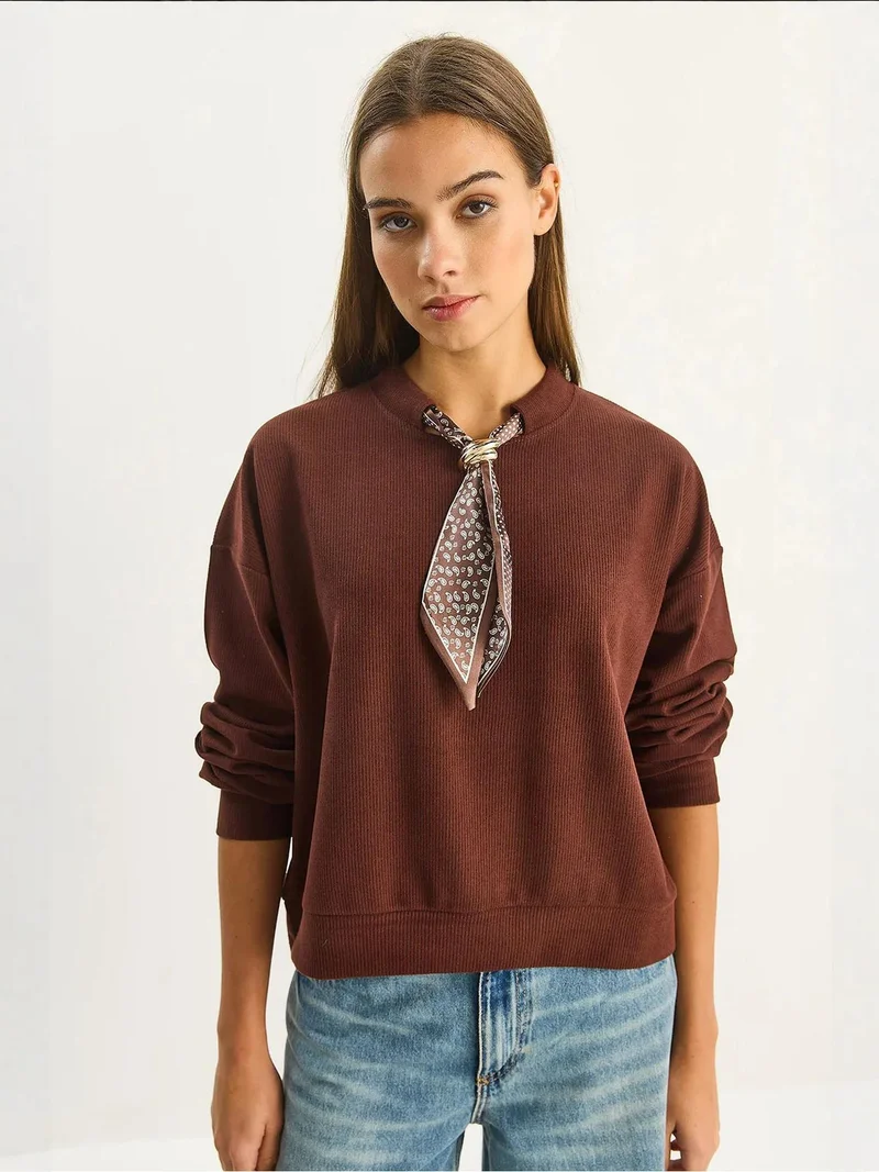 Bianco Lucci Dark Mocha Brown Crew Neck Ribbed Sweatshirt with Scarf Accessory Detail for Women | Best Price UAE