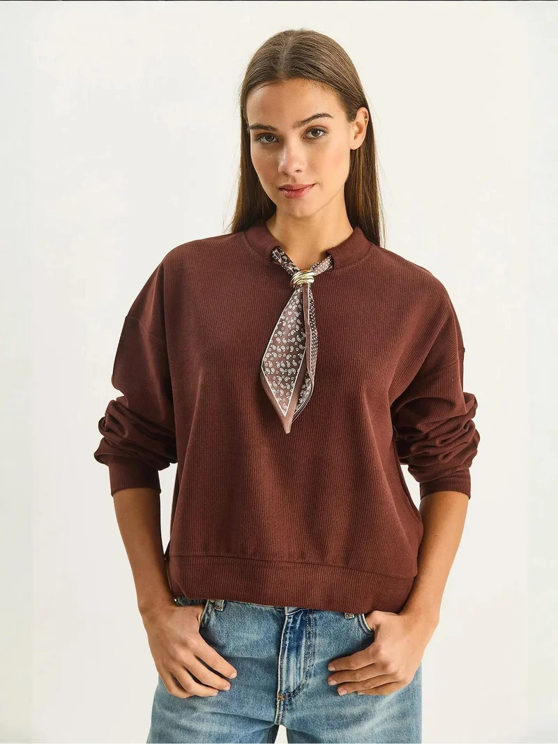 Bianco Lucci Dark Mocha Brown Crew Neck Ribbed Sweatshirt with Scarf Accessory Detail for Women | Best Price UAE