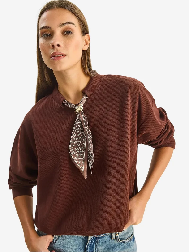 Crew Neck Ribbed Sweatshirt with Scarf Accessory Detail