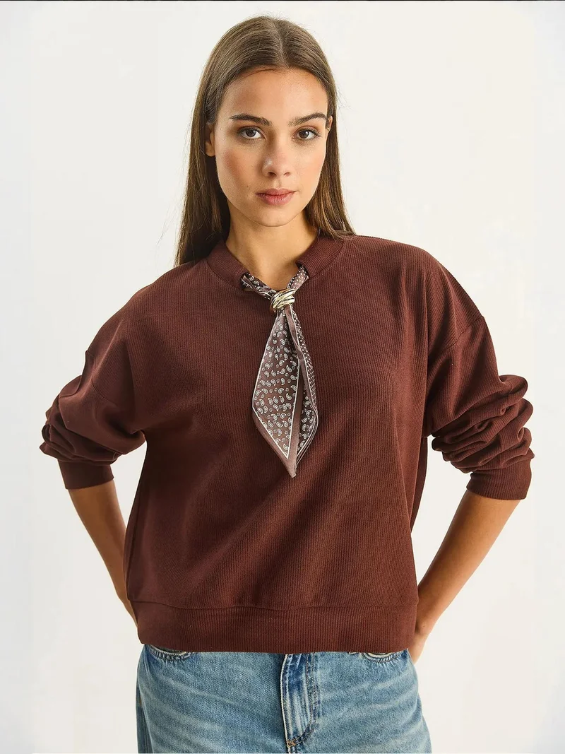 Bianco Lucci Dark Mocha Brown Crew Neck Ribbed Sweatshirt with Scarf Accessory Detail for Women | Best Price UAE