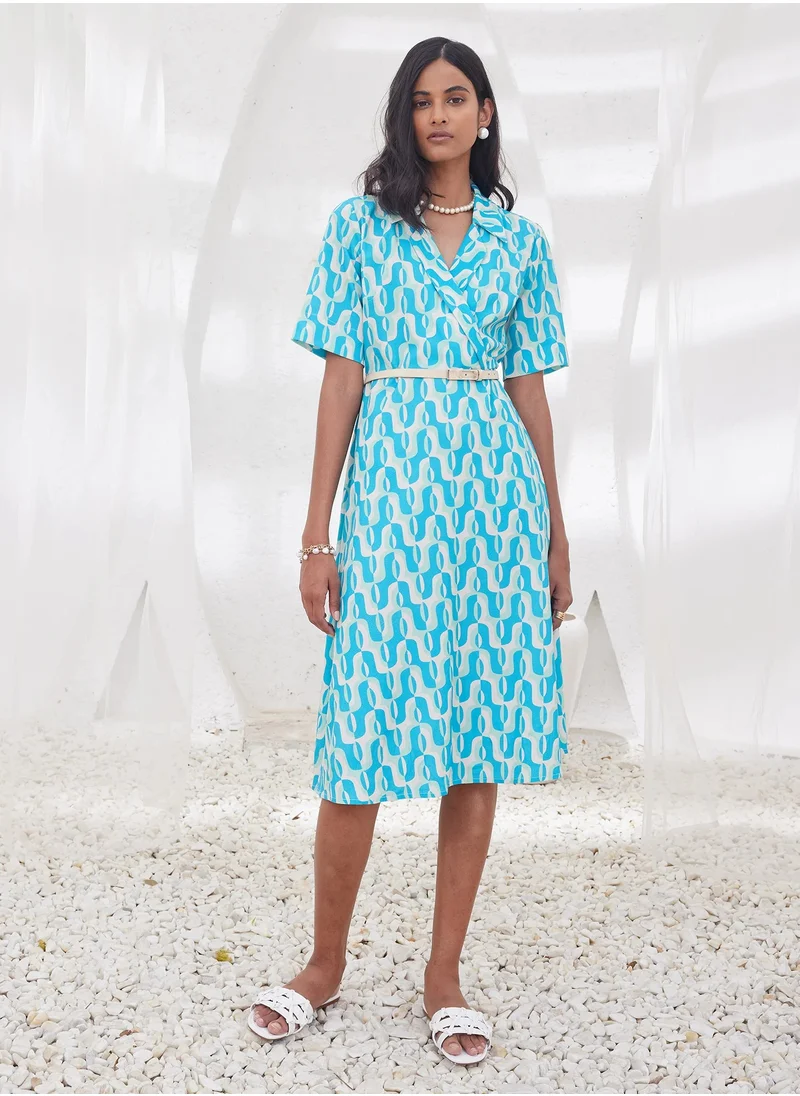سولت اتاير Women's Chic Geometric Pattern Dress with Notched Collar and Faux Leather Belt,Perfect for Effortless Style and Sophisticated Occasions