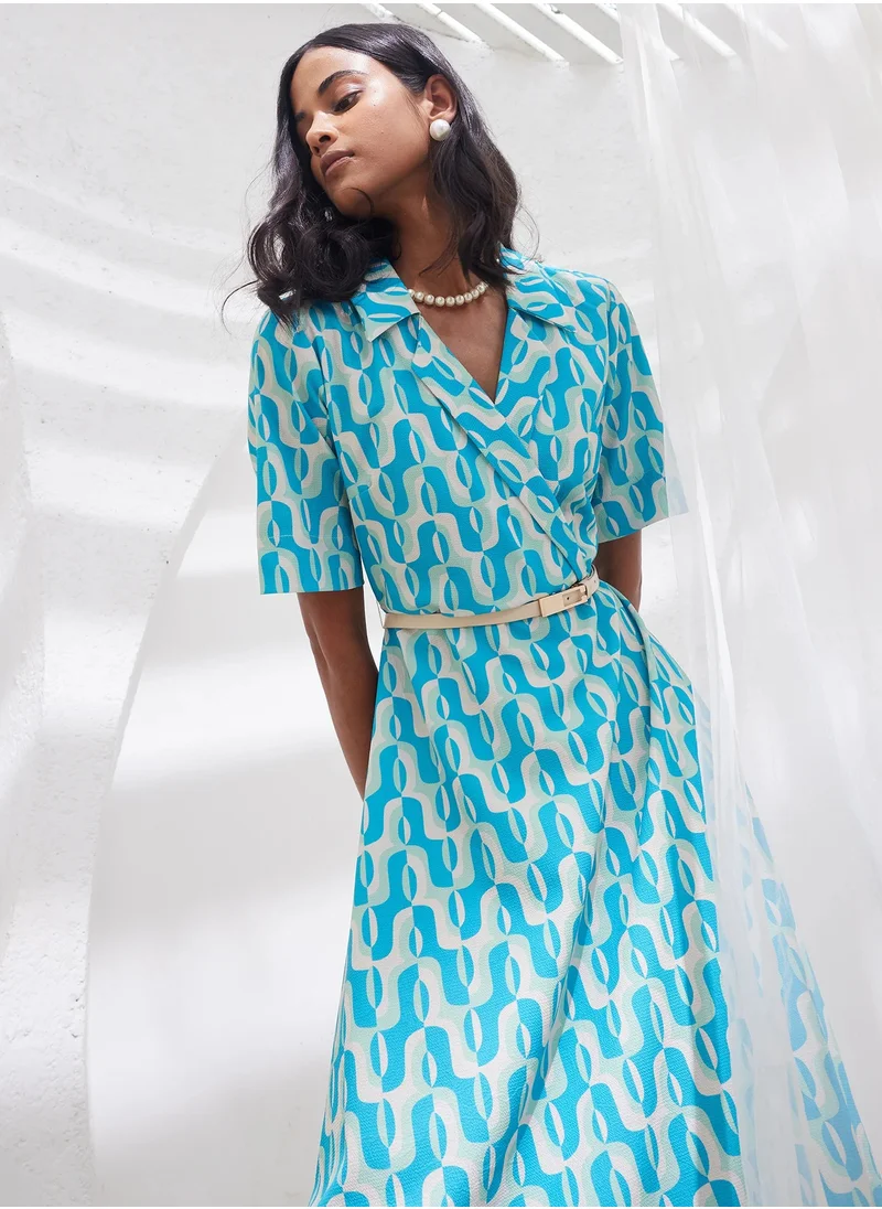 سولت اتاير Women's Chic Geometric Pattern Dress with Notched Collar and Faux Leather Belt,Perfect for Effortless Style and Sophisticated Occasions
