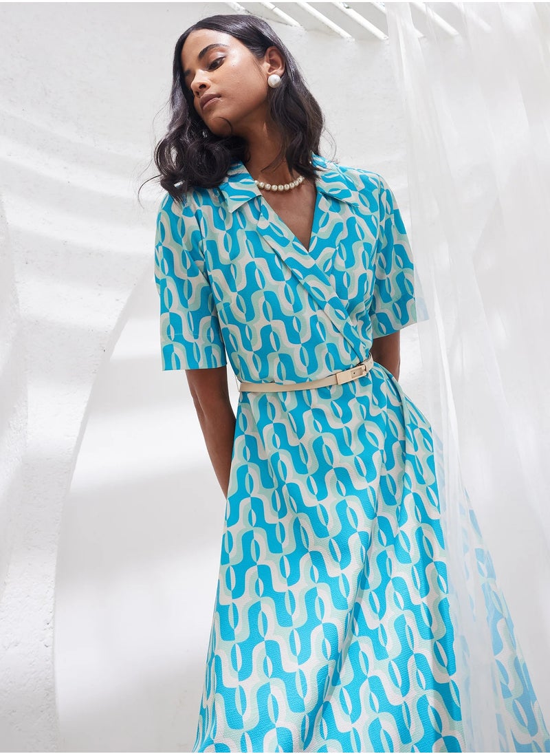 Salt Attire Women's Chic Geometric Pattern Dress with Notched Collar and Faux Leather Belt,Perfect for Effortless Style and Sophisticated Occasions  - Image 2