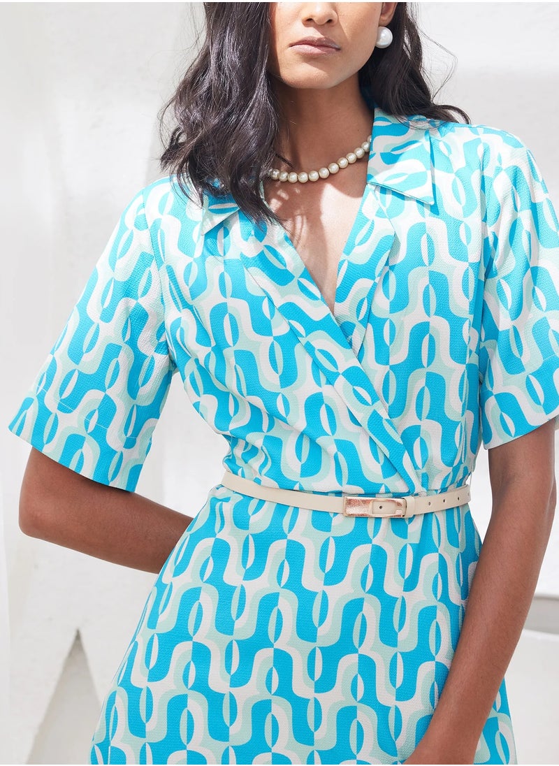 Salt Attire Women's Chic Geometric Pattern Dress with Notched Collar and Faux Leather Belt,Perfect for Effortless Style and Sophisticated Occasions  - Image 4